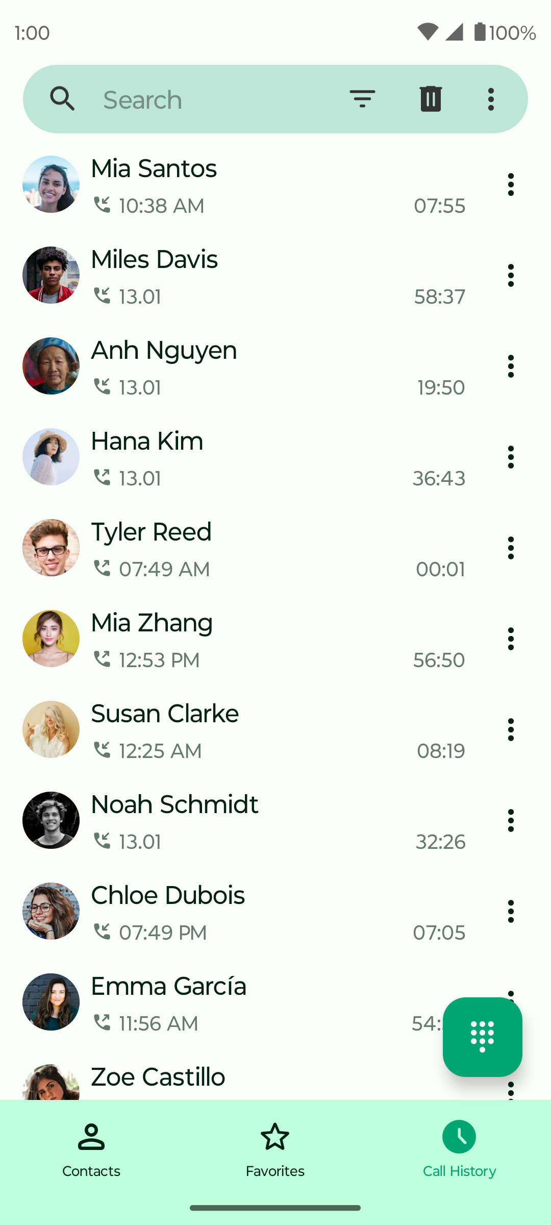 PeopleTide Phone shared call history screen